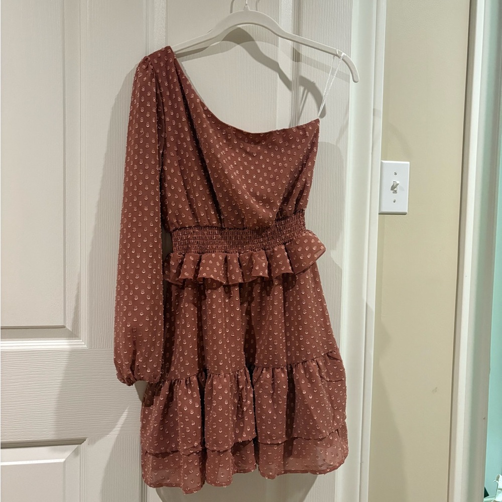 Brown Polka Dot One-Shoulder Dress